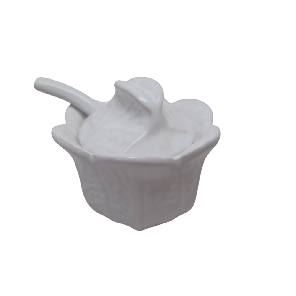 Vintage White Ceramic Cabbage Leaf Condiment Pot Jam Jar with Lid and Spoon